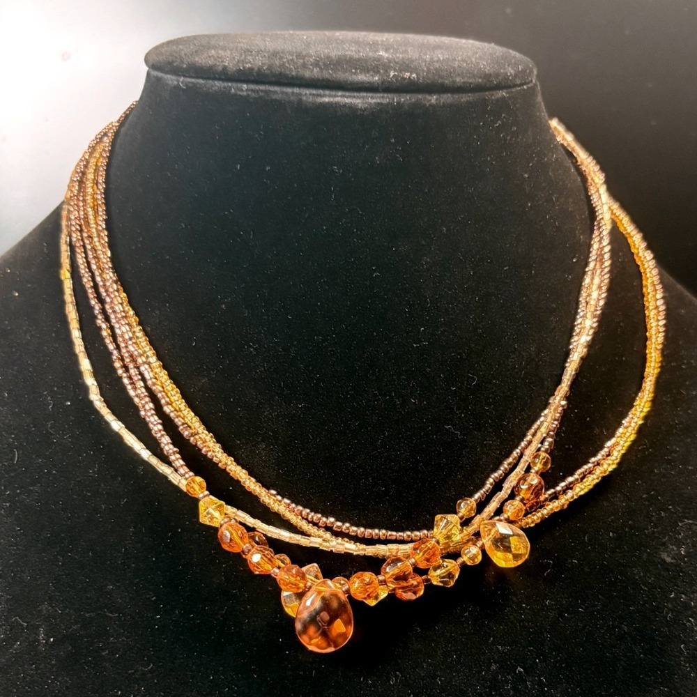 Earth Tone Multi-Strand Necklace Women Amber Beaded Layered Boho Autumn
